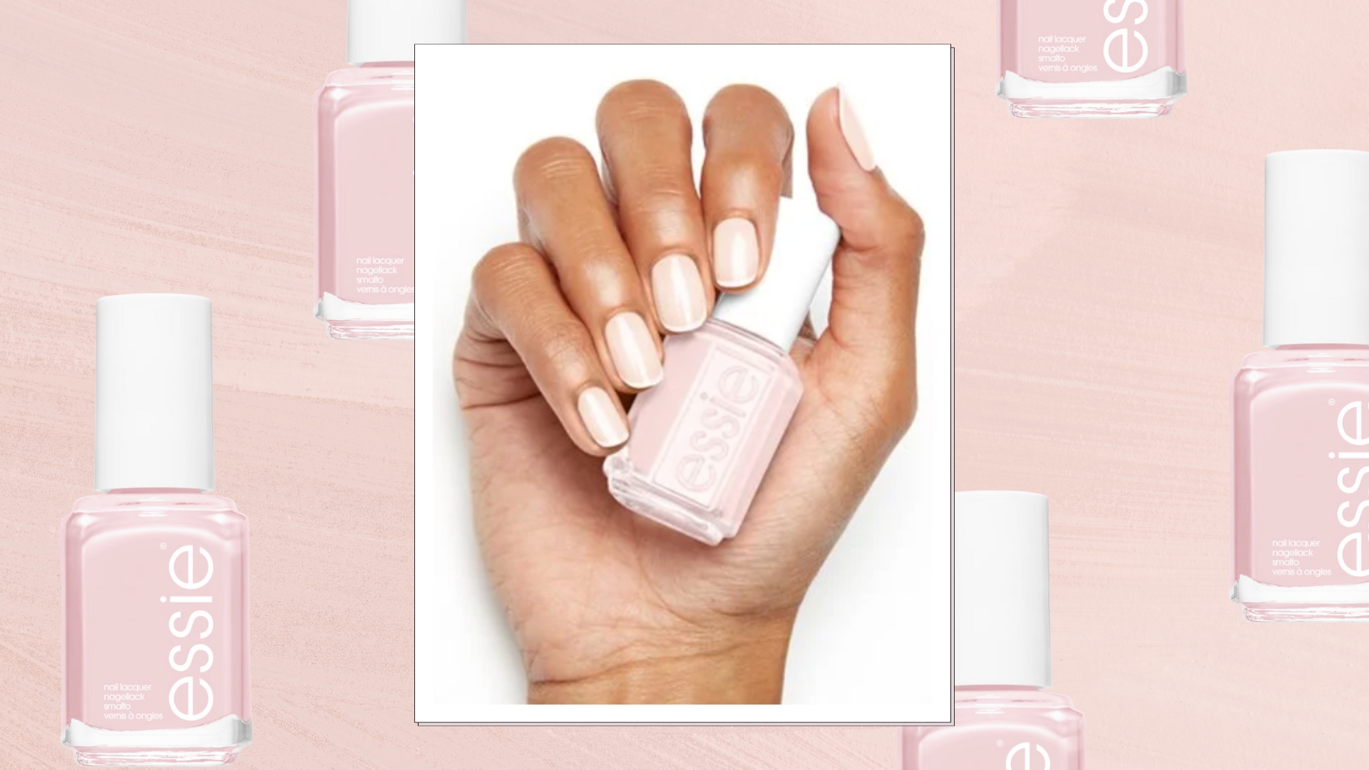 In the centre, is an picture of a hand holding essie&#039;s Mademoiselle nail polish, with the shade also applied to the fingernails/ in a pastel pink template with product shots of essie&#039;s Mademoiselle polish scattered across it