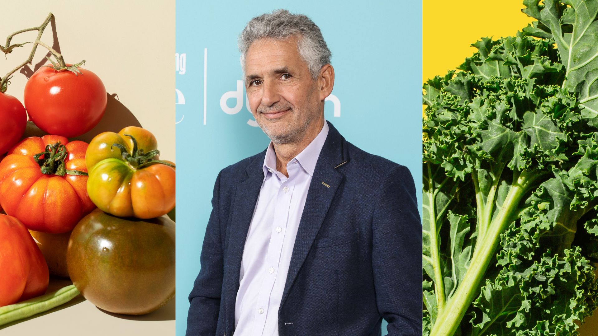 Tim Spector next to bunch of tomatoes and leaf of kale