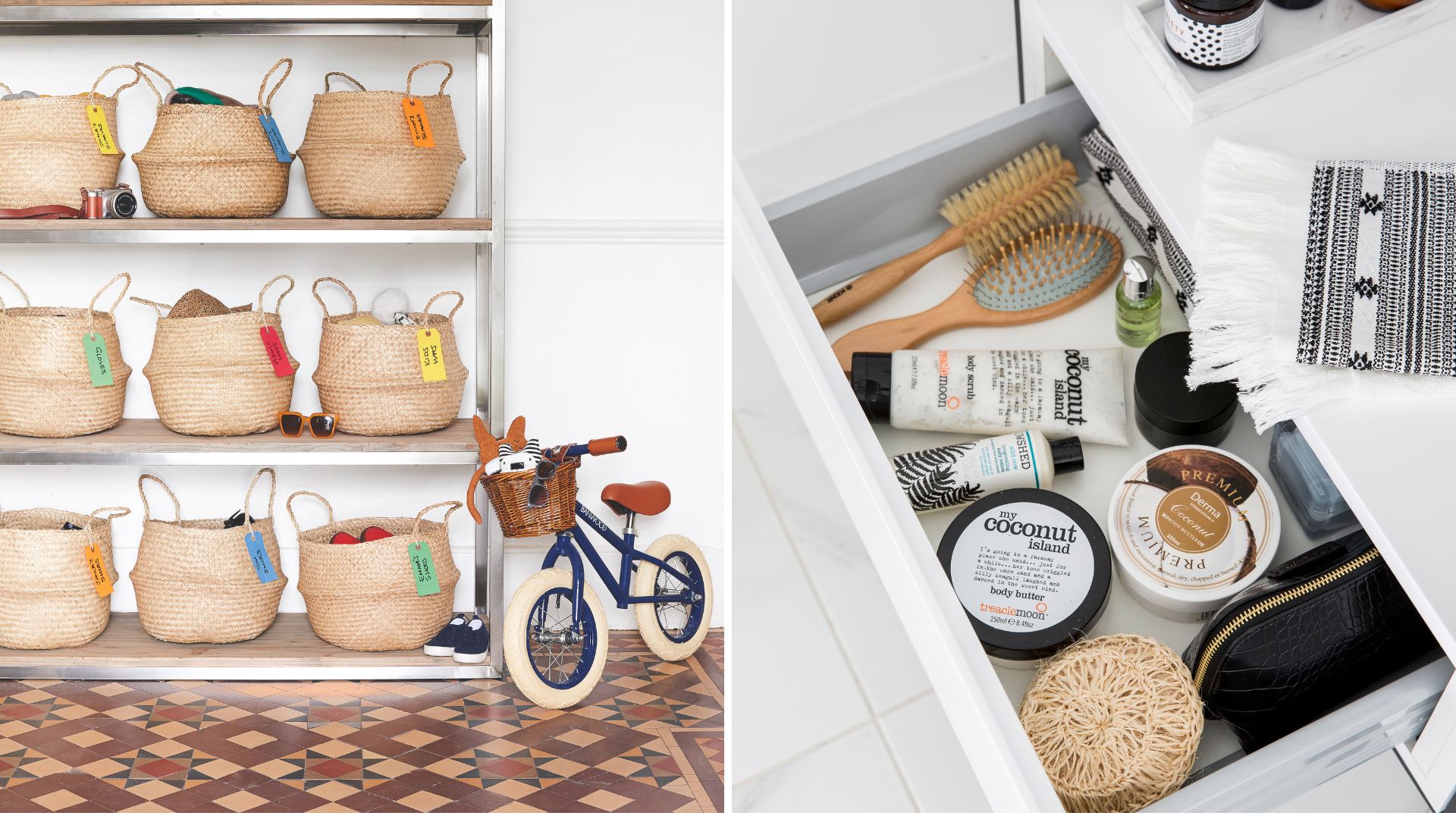 collage of a hallway with a rack of woven baskets for storage and inside of a bathroom drawer with products