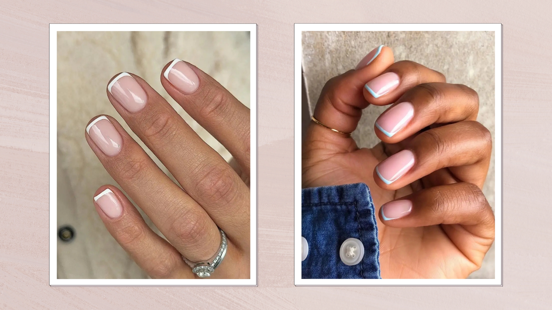 On the left, a close-up of a hand with short square French tip nails by nail artist Fliss Alton/ @gelsbyfliss and on the right, another hand is pictured with pastel blue short square French tip nails by nail artist, Julia Diogo/ @paintedbyjools/ both featured in a two-picture pastel purple template