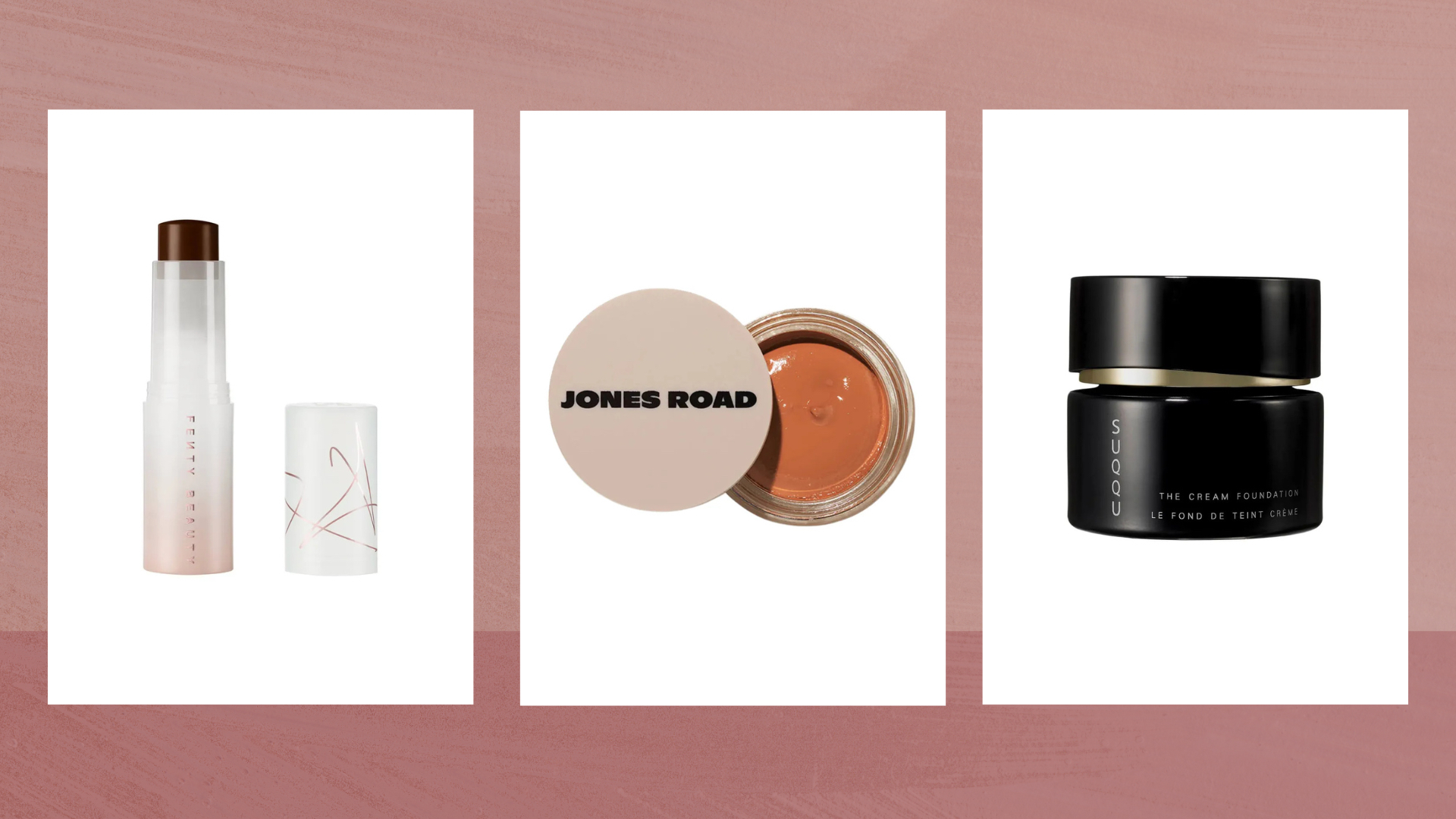 Collage of three of the best cream foundations featured in this guide from (left to right) Fenty Beauty, Jones Road and SUQQU, set in vertical boxes against a dark pink watercolour-style background
