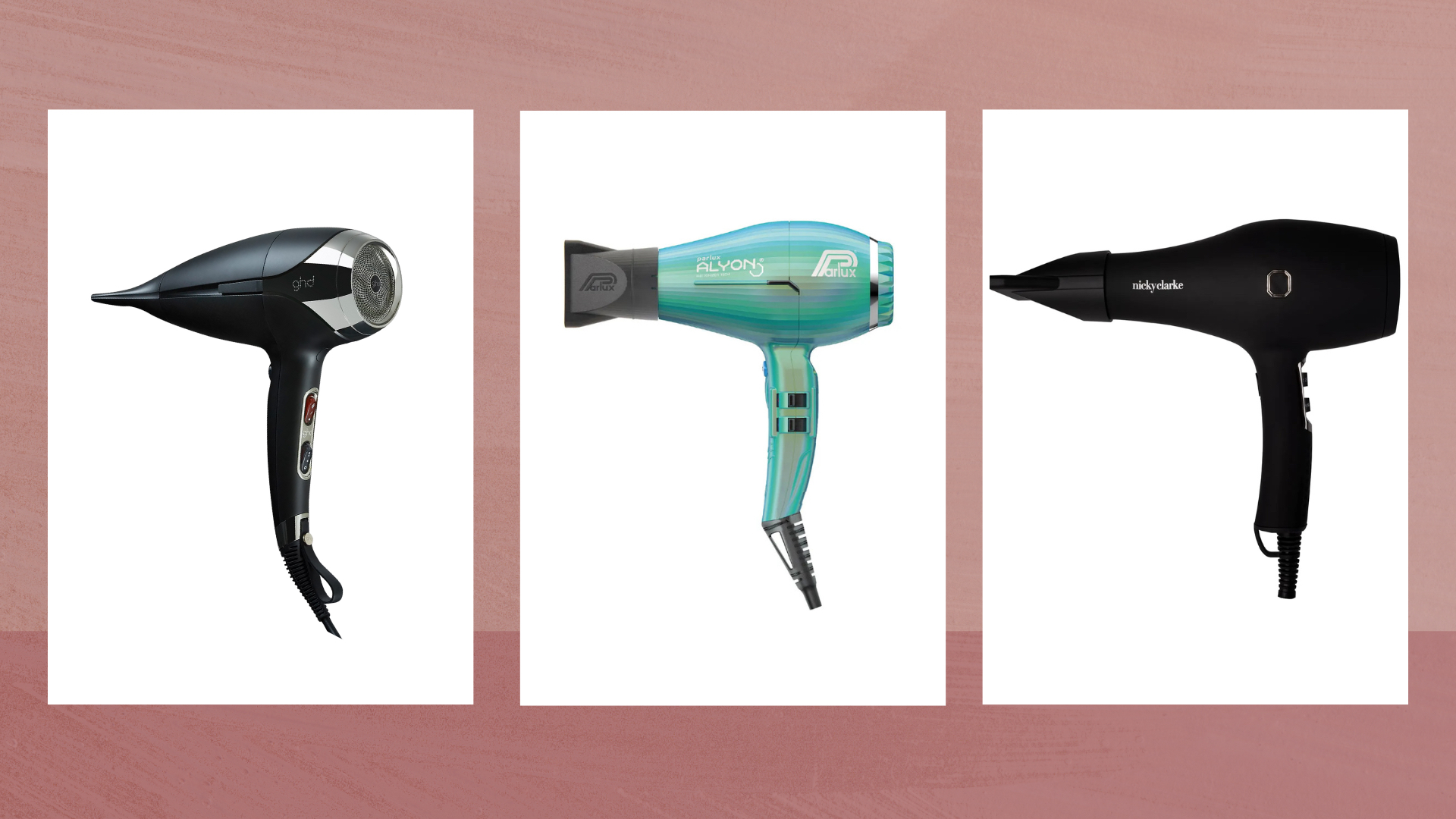 Collage of three of the best hair dryers featured in this guide from (left to right) ghd, Parlux and Nicky Clarke, set against a dark pink watercolour style background