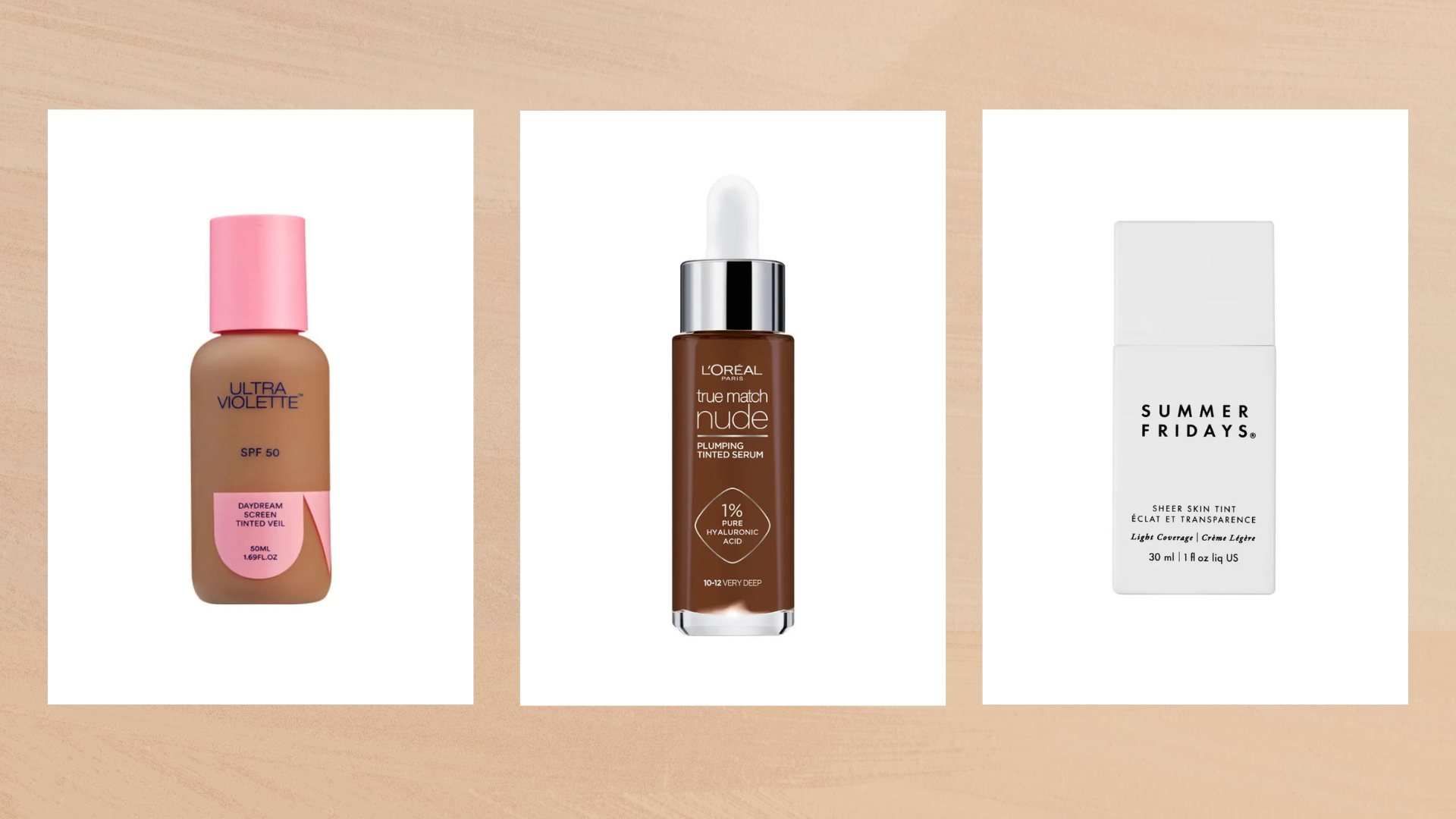 Collage of three vertical images of the best tinted moisturisers featured in this guide from (left to right) Ultra Violette, L'Oréal Paris and Summer Fridays, set against a warm beige background 
