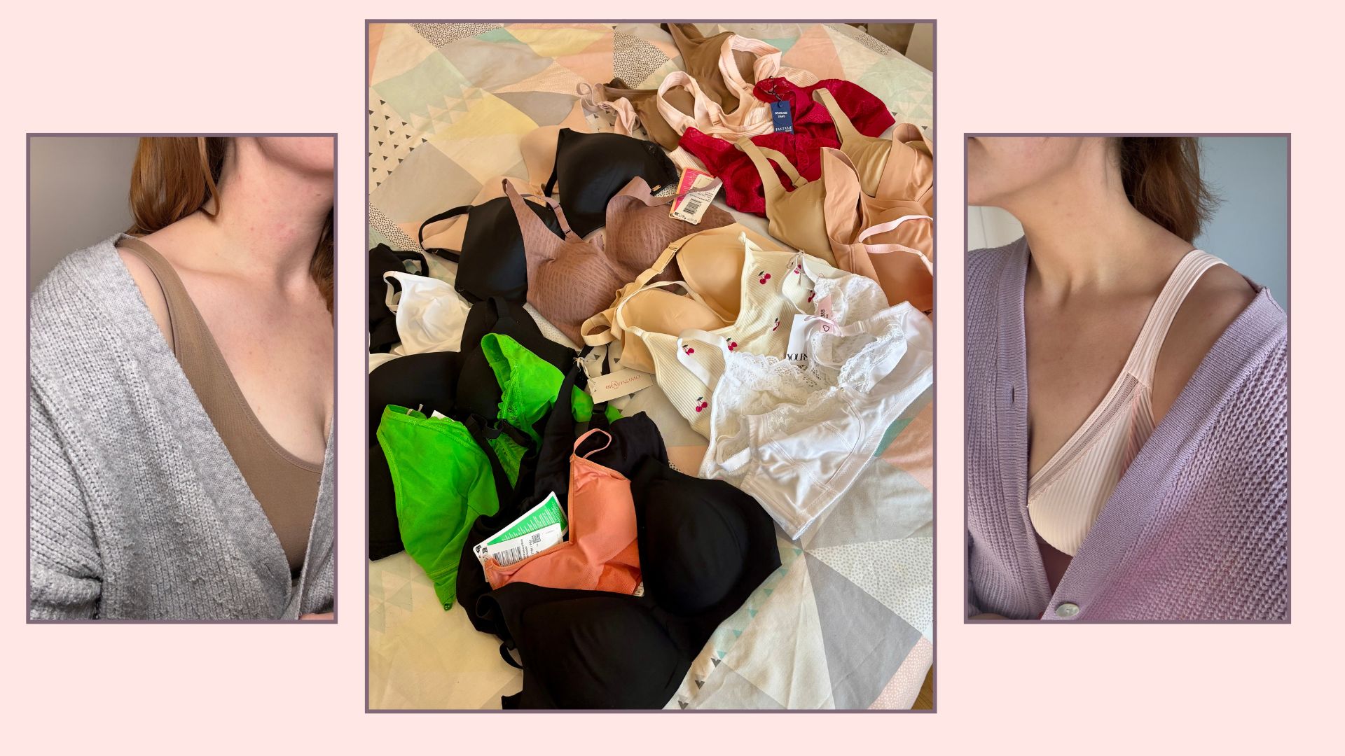 two shots of matilda wearing the bras as well as group shot of bras lying on a bed