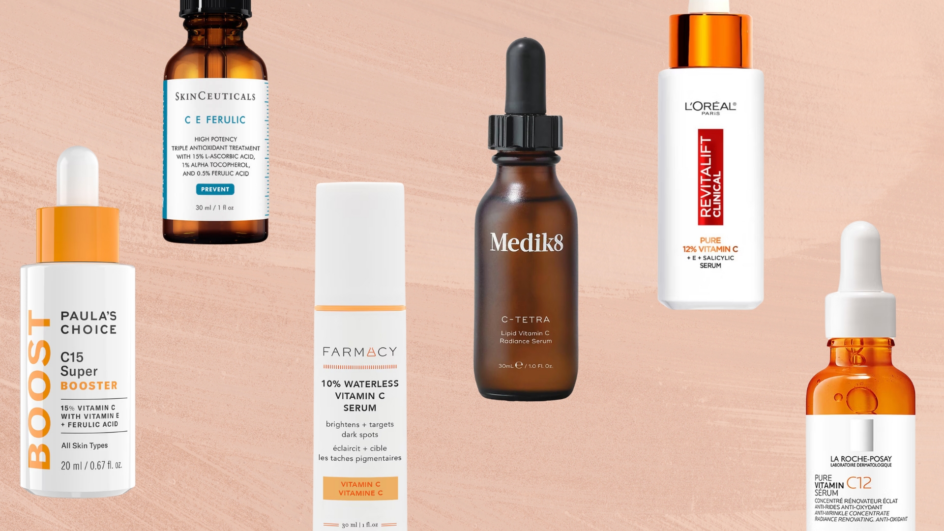 Collage of the best vitamin C serums on a pale orange background (L-R) from Paula's Choice, SkinCeuticals, Farmacy Beauty, Medik8, L'Oréal Paris and La Roche-Posay