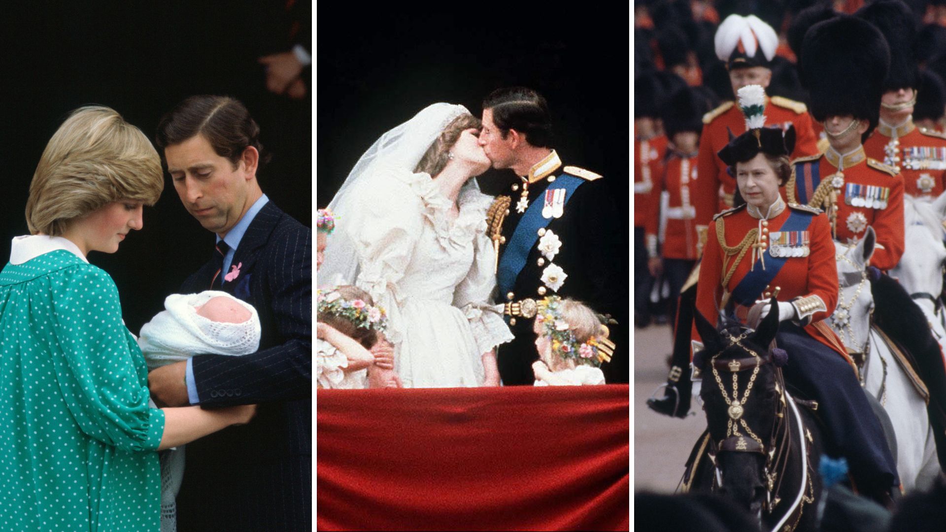 L-R: Princess Diana and Prince Charles with a baby William, Diana and Charles&#039; wedding kiss, Queen Elizabeth II