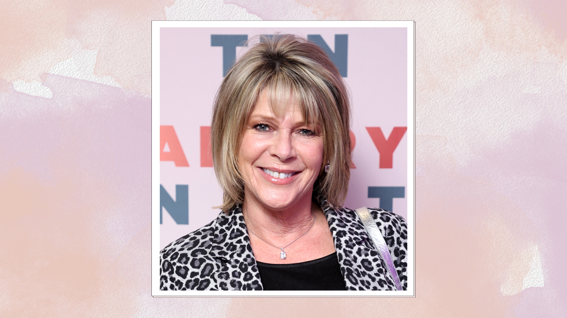 Ruth Langsford is pictured wearing a leopard-print blazer at the launch of Rylan Clark&#039;s new book &quot;Ten: The Decade That Changed My Future&quot; at the BT Tower on September 23, 2022 in London, England/ in a peach and purple watercolour paint-style template