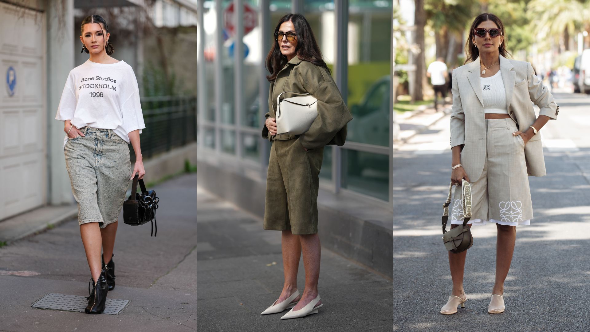 Three women wearing different styles of Bermuda Shorts showing how to style shorts