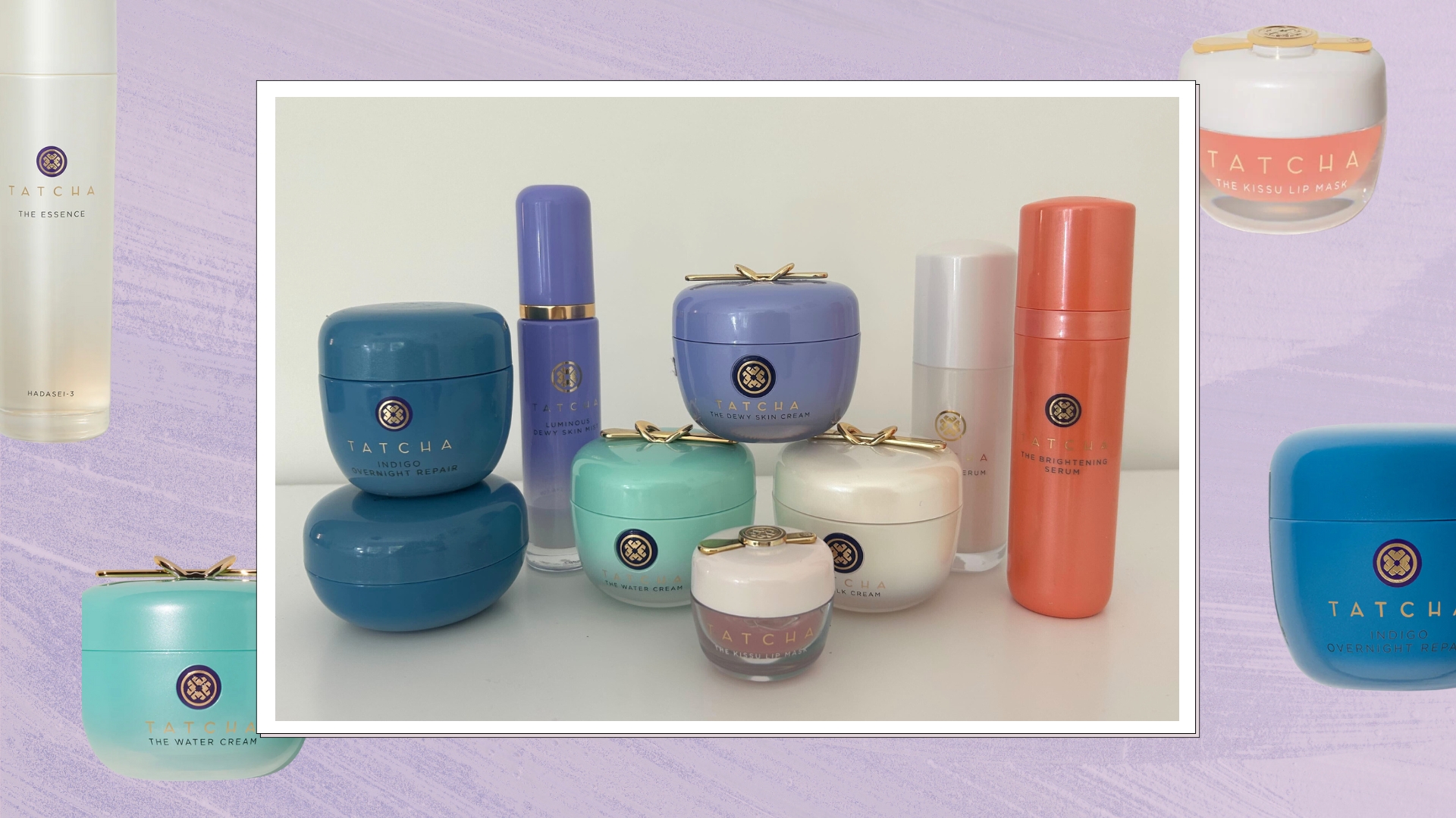 Collection of Tatcha products stacked up on a lilac watercolour background, with Tatcha products floating in the background