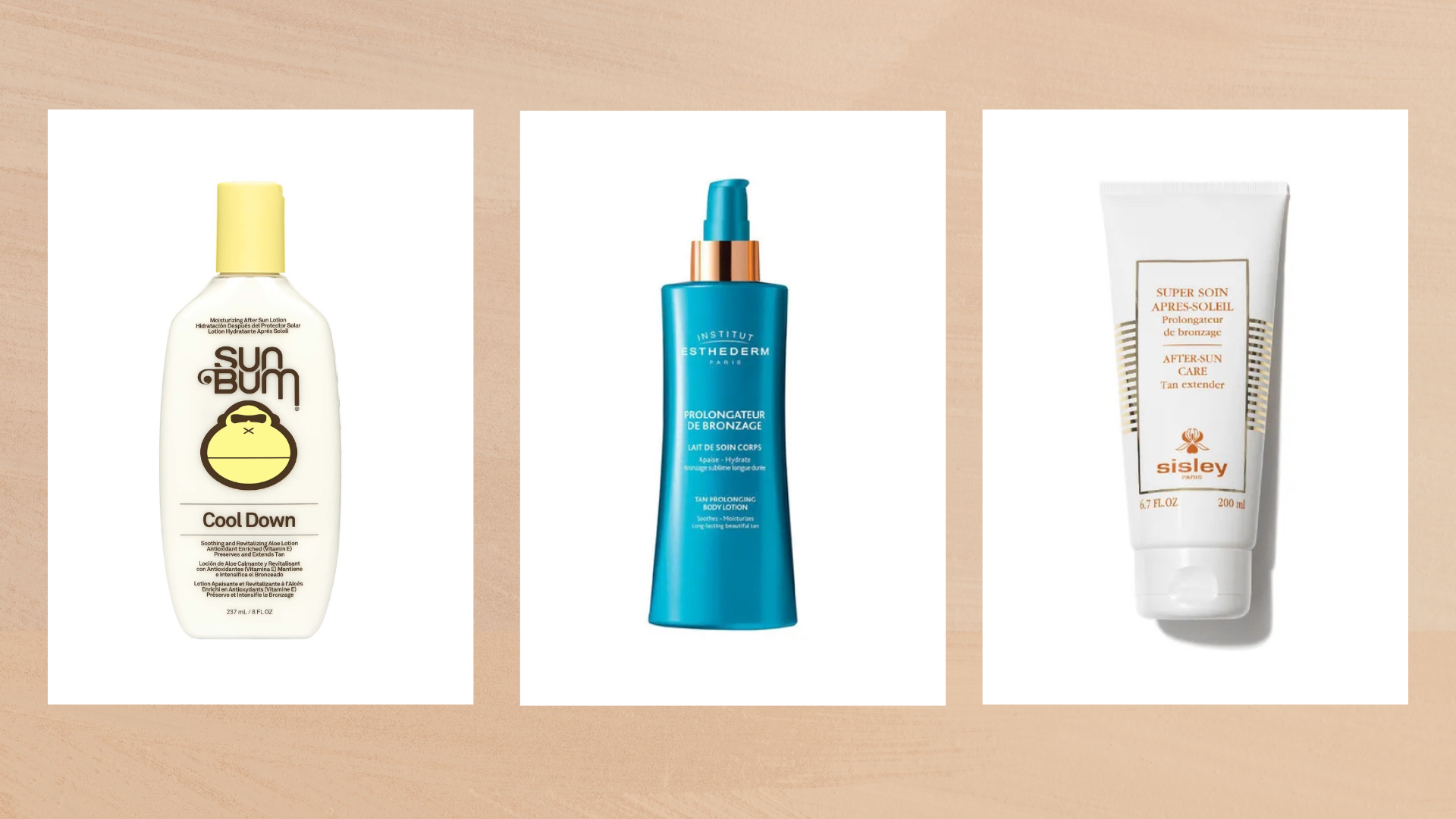 Collage of three of the best aftersuns featured in this guide from (left to right) Sun Bum, Institut Esthederm and Sisley Paris, set against a warm beige background 