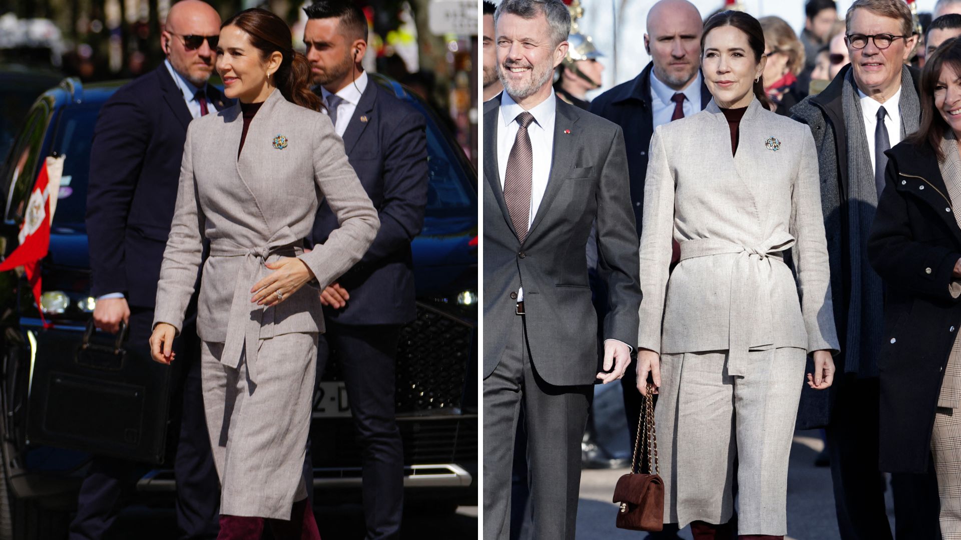 Composite of two pictures of Queen Mary of Denmark wearing grey long shorts in Paris in 2025