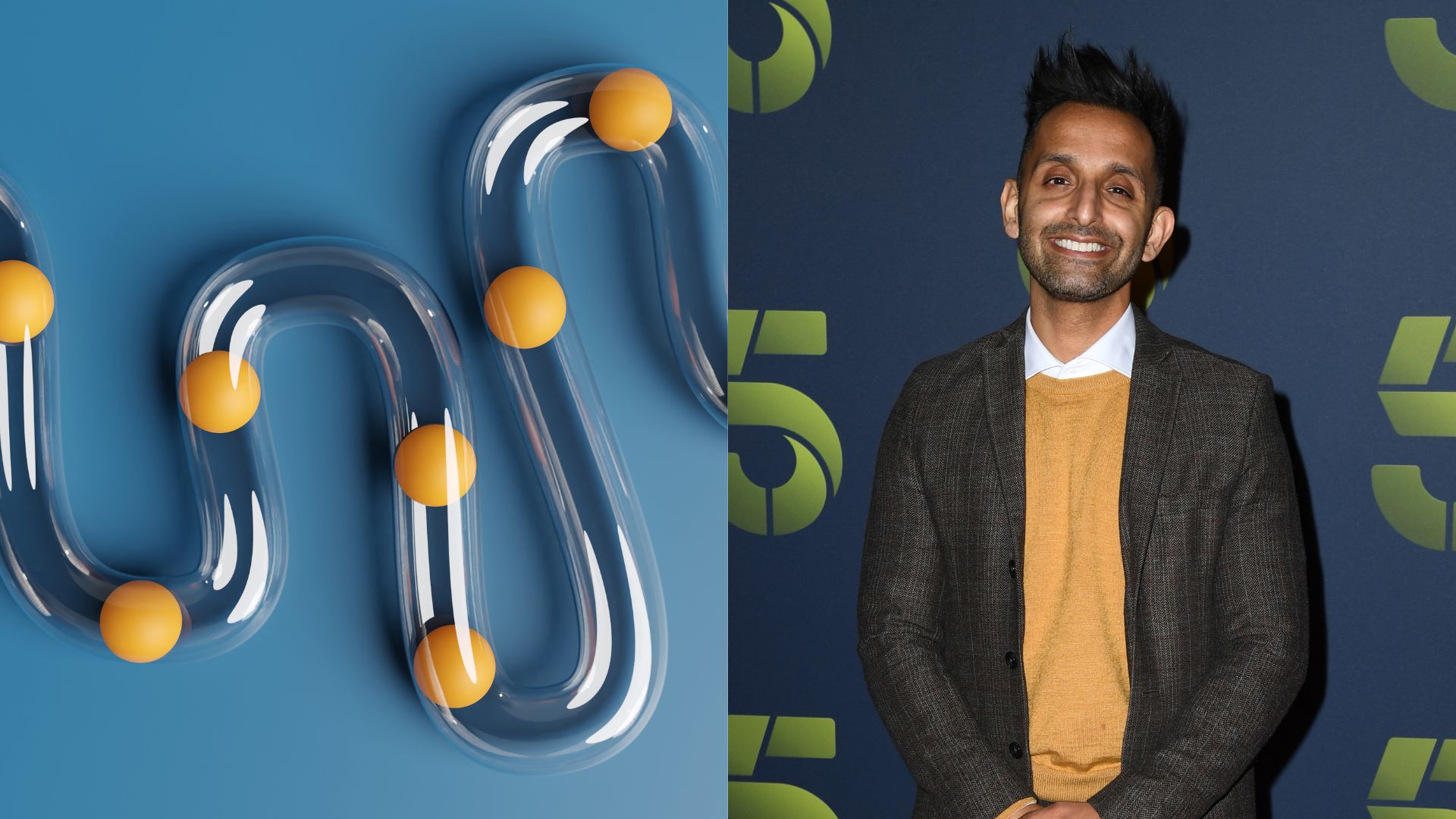 Dr Amir Khan next to graphic of tube with balls inside, representing cholesterol in the blood