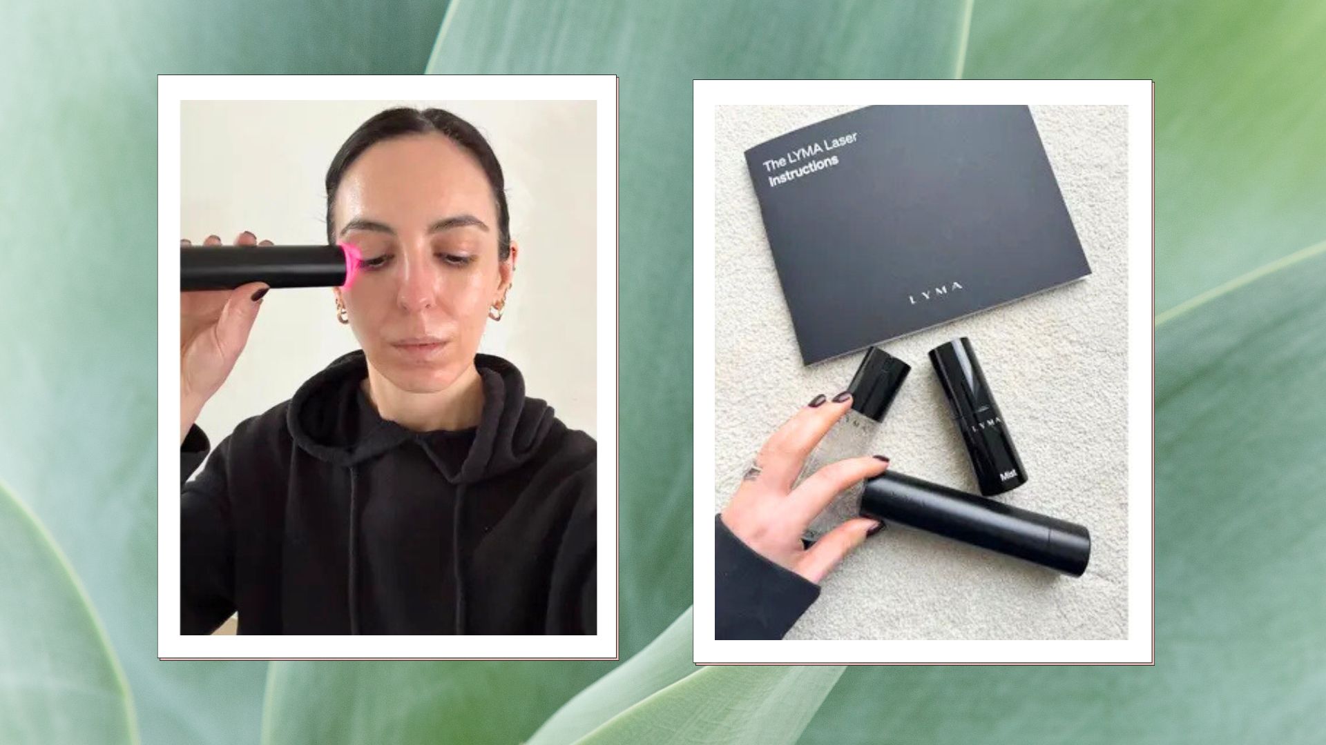 A green holographic frame containing an image of beauty editor Stephanie Maylor testing the LYMA laser on her face then an image of her hand holding the laser on a grey carpet with the instruction manual and skincare products